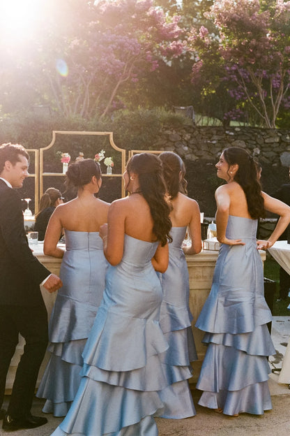 Strapless Dusty Blue Ruffle Tiered Bridesmaid Dress DP5879