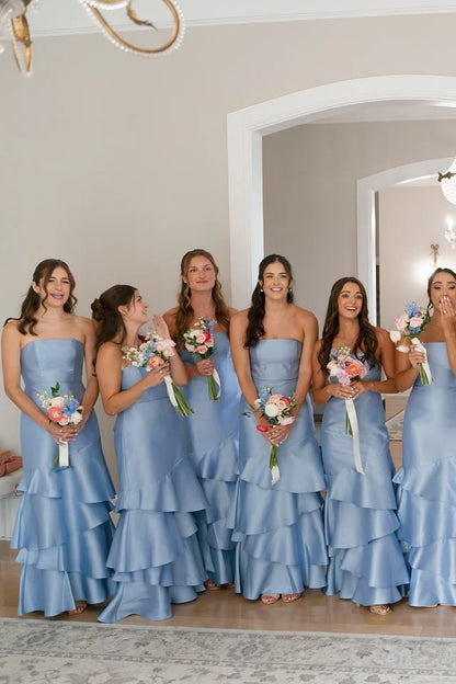Strapless Dusty Blue Ruffle Tiered Bridesmaid Dress DP5879