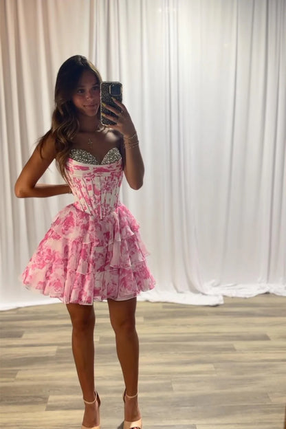 Pink Print Floral A Line Strapless Beaded Layered Chiffon Short Homecoming Dress Mini Dress Outfits DP5900
