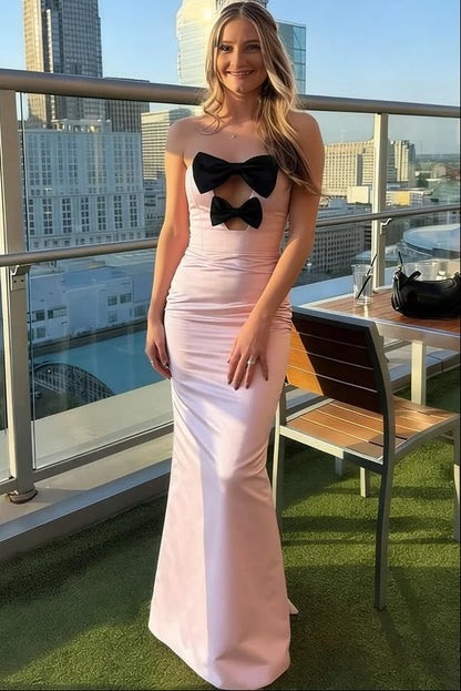 Black Bow Knot Mermaid Sweetheart Neck Pink Satin Prom Dress Evening Dress DP7620