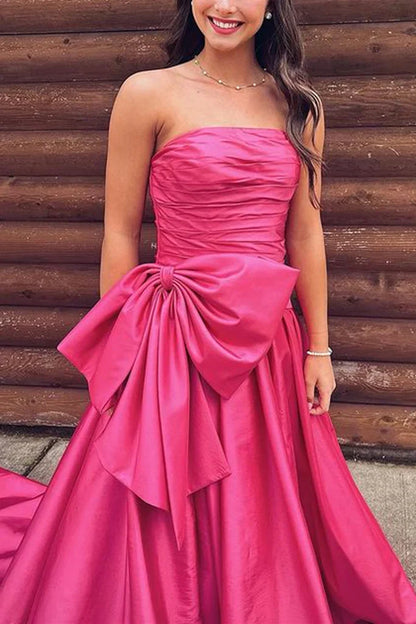 Hot Pink A Line Strapless Satin Prom Dress With Bowknot DP965