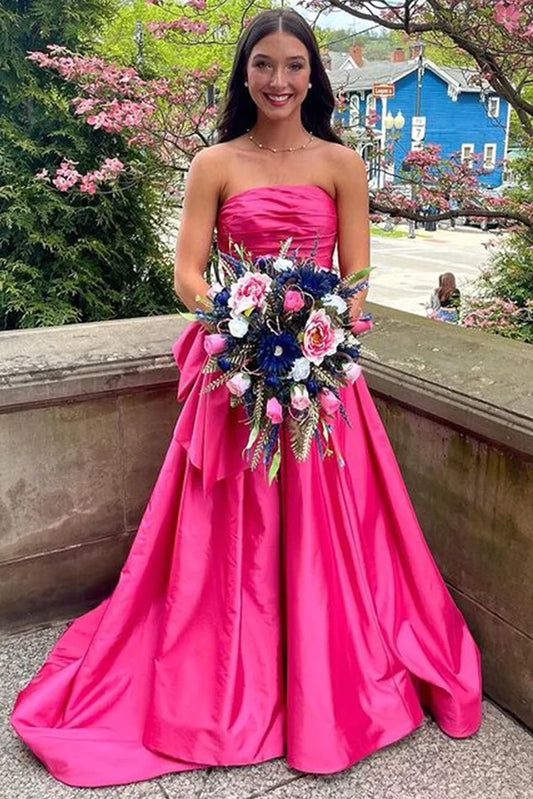Hot Pink A Line Strapless Satin Prom Dress With Bowknot DP965