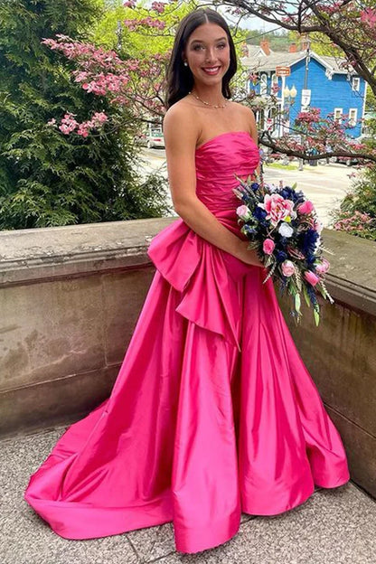 Hot Pink A Line Strapless Satin Prom Dress With Bowknot DP965