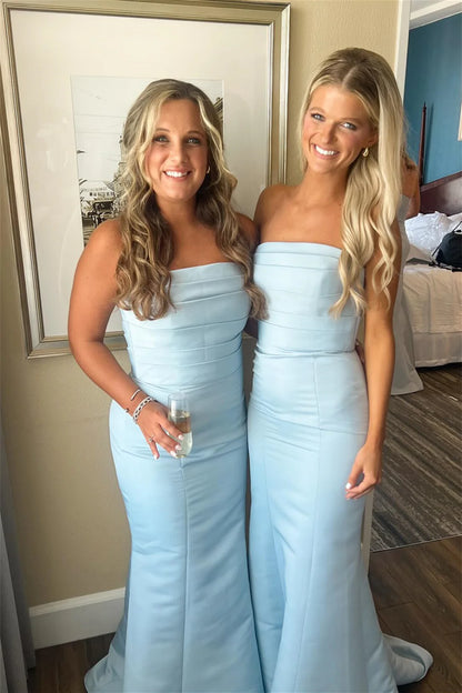 Strapless Ice Blue Pleated Mermaid Bridesmaid Dress DP5861