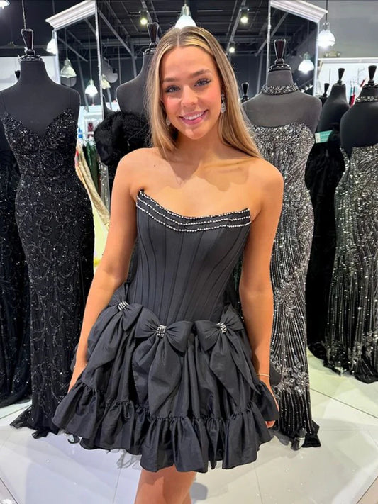A line Strapless Bow Beadings Satin Homecoming Dresses DP875