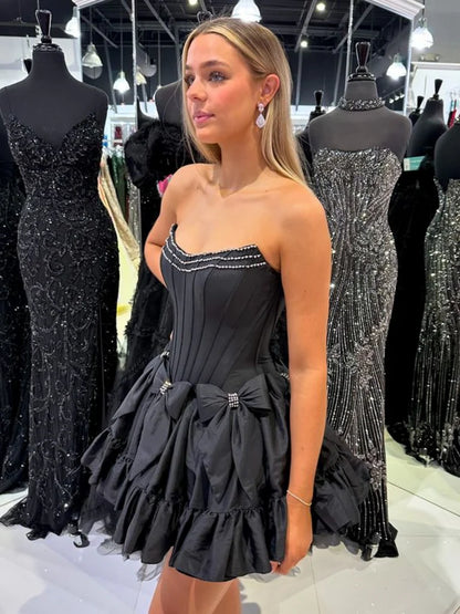A line Strapless Bow Beadings Satin Homecoming Dresses DP875