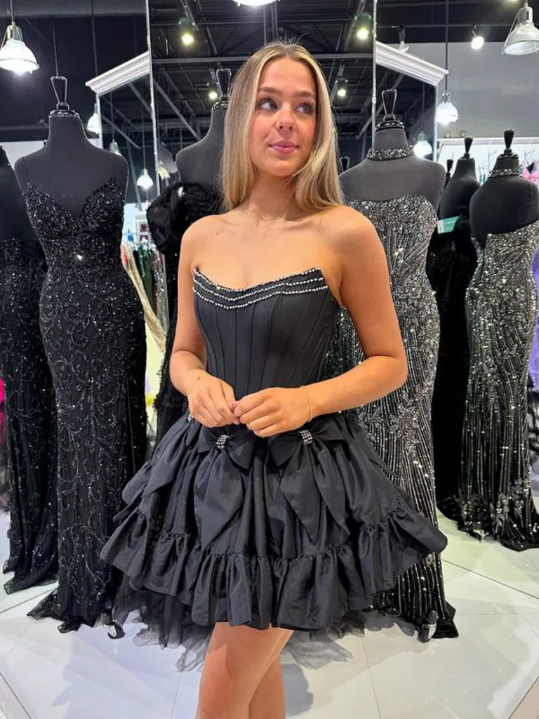 A line Strapless Bow Beadings Satin Homecoming Dresses DP875