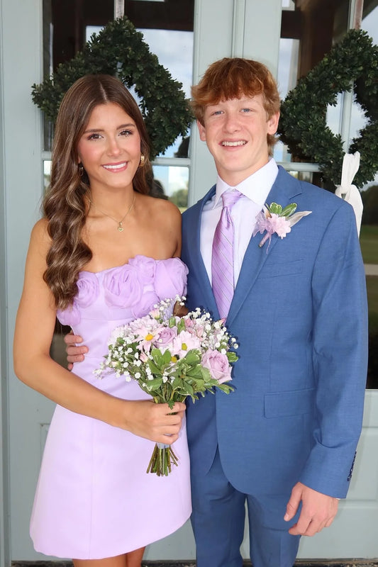 Gentle A Line Strapless Lilac 3D Floral Satin Short Homecoming Dress Mini Dress Outfits DP5897