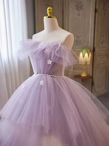 Lilac Strapless Pearls Appliques Tulle Long Prom Dresses Ball Gown DP1001