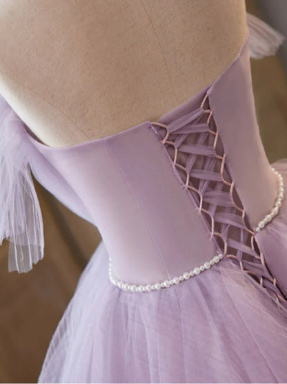 Lilac Strapless Pearls Appliques Tulle Long Prom Dresses Ball Gown DP1001