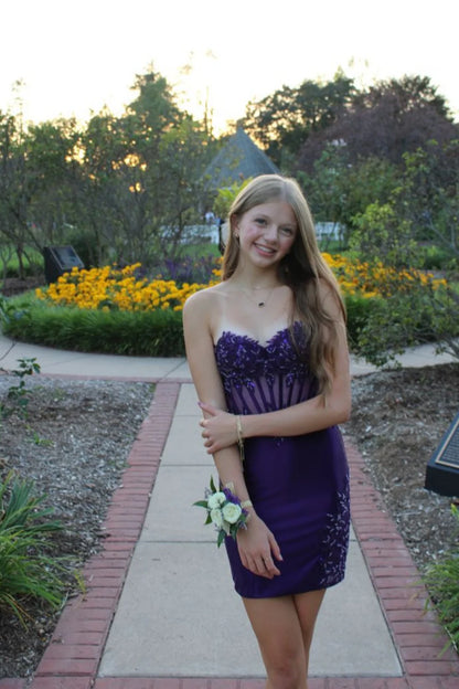 Dark Purple Sheath Strapless Corset Beaded Satin Short Homecoming Dress Mini Dress Outfits DP5898