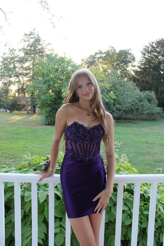 Dark Purple Sheath Strapless Corset Beaded Satin Short Homecoming Dress Mini Dress Outfits DP5898
