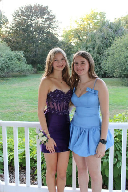 Dark Purple Sheath Strapless Corset Beaded Satin Short Homecoming Dress Mini Dress Outfits DP5898