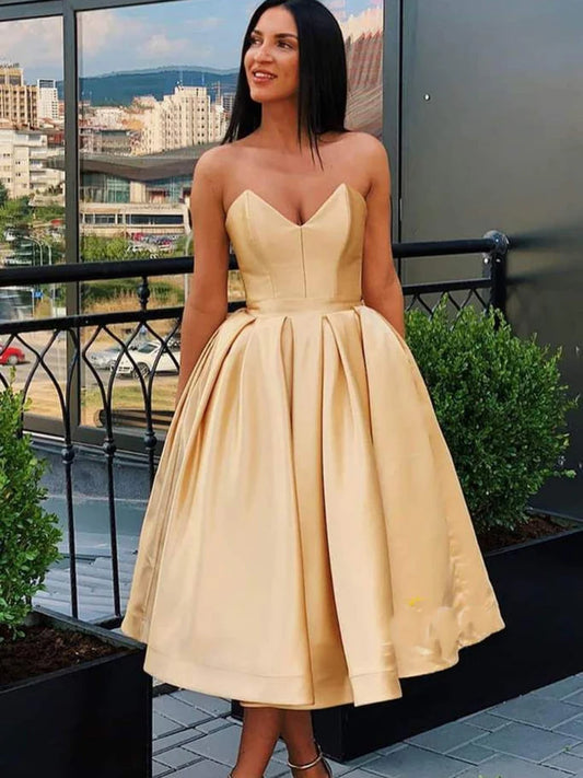 A Line Strapless Champagne Satin Tea Length Prom Homecoming Dresses DP988