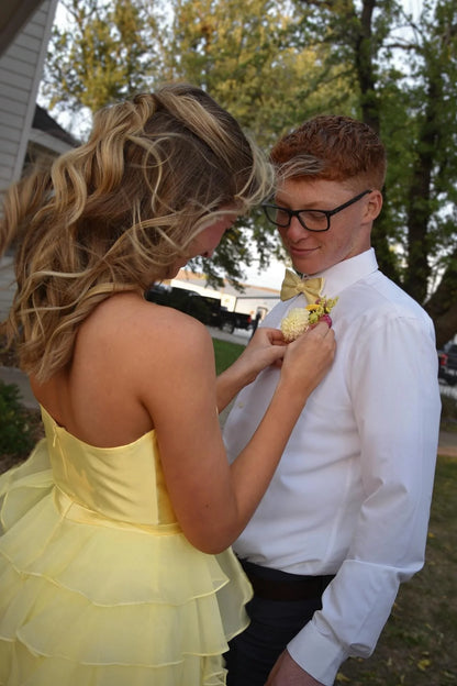 Yellow A Line Strapless Layered Tulle Satin Short Homecoming Dress Mini Dress Outfits DP5899