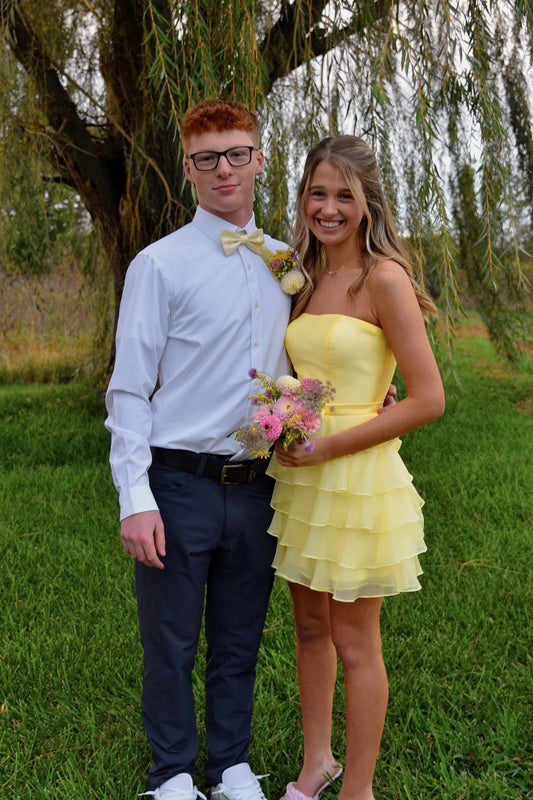 Yellow A Line Strapless Layered Tulle Satin Short Homecoming Dress Mini Dress Outfits DP5899