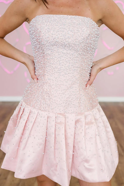 Strapless Light Pink Pearl Homecoming Dress with Beaded Bodice and Bubble Skirt DP7310