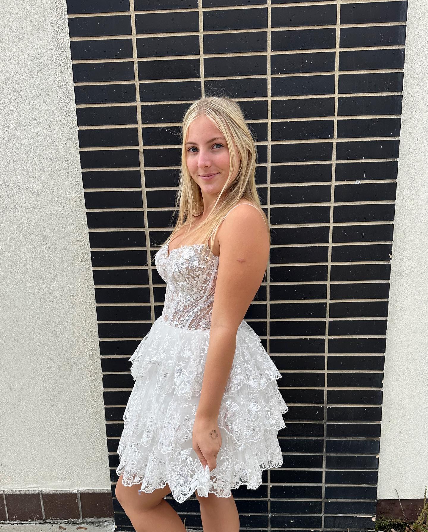 Shiny A Line Spaghetti Strap Sequin Corset Layered Tulle Short Homecoming Dress Mini Dress Outfits DP5890