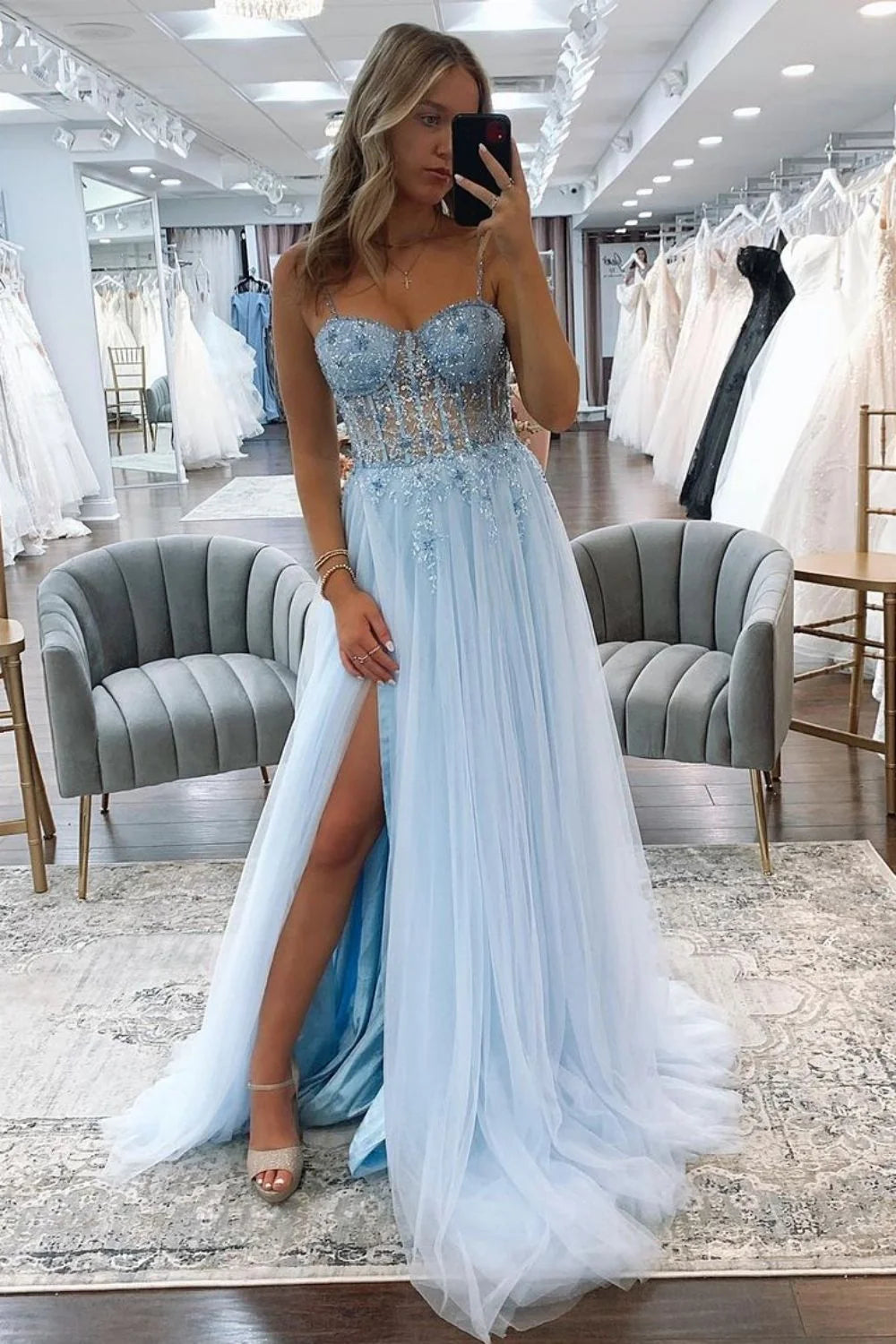 Stunning A Line Blue Spaghetti Straps Long Tulle Prom Dress with Beading DP7768
