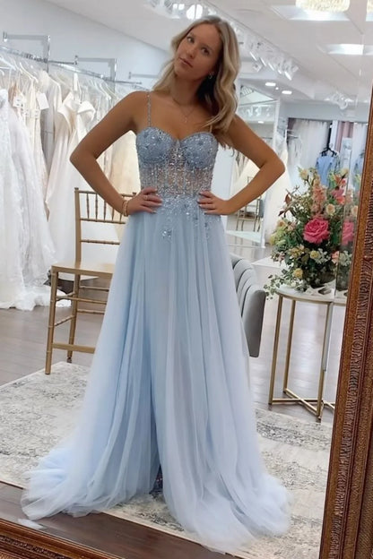 Stunning A Line Blue Spaghetti Straps Long Tulle Prom Dress with Beading DP7768