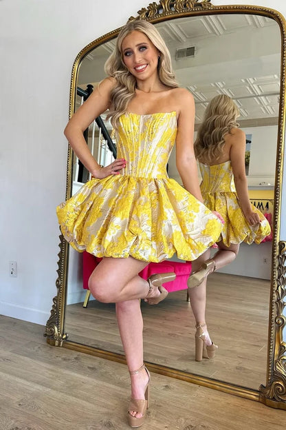 Stunning A Line Strapless Yellow Corset Homecoming Dress DP7207