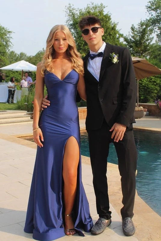 Trendy Mermaid Spaghetti Straps Navy Blue Long Prom Dress with Criss Cross Back DP7454