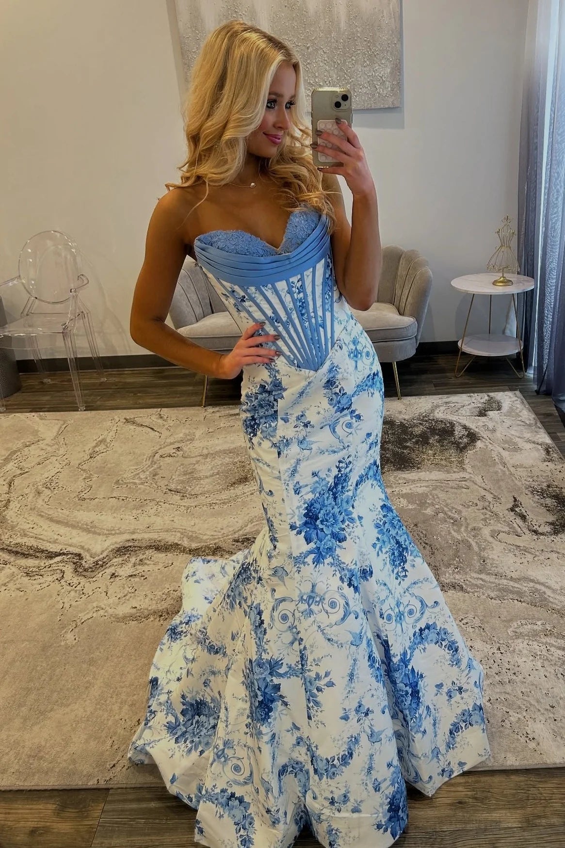 Stunning Mermaid Sweetheart Blue Floral Printed Long Prom Dress with Appliques DP7496