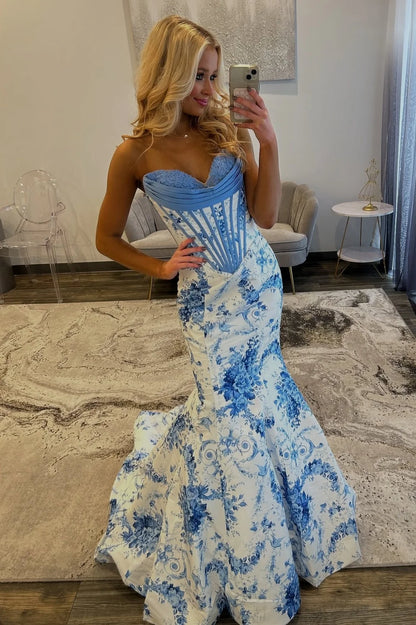 Stunning Mermaid Sweetheart Blue Floral Printed Long Prom Dress with Appliques DP7496