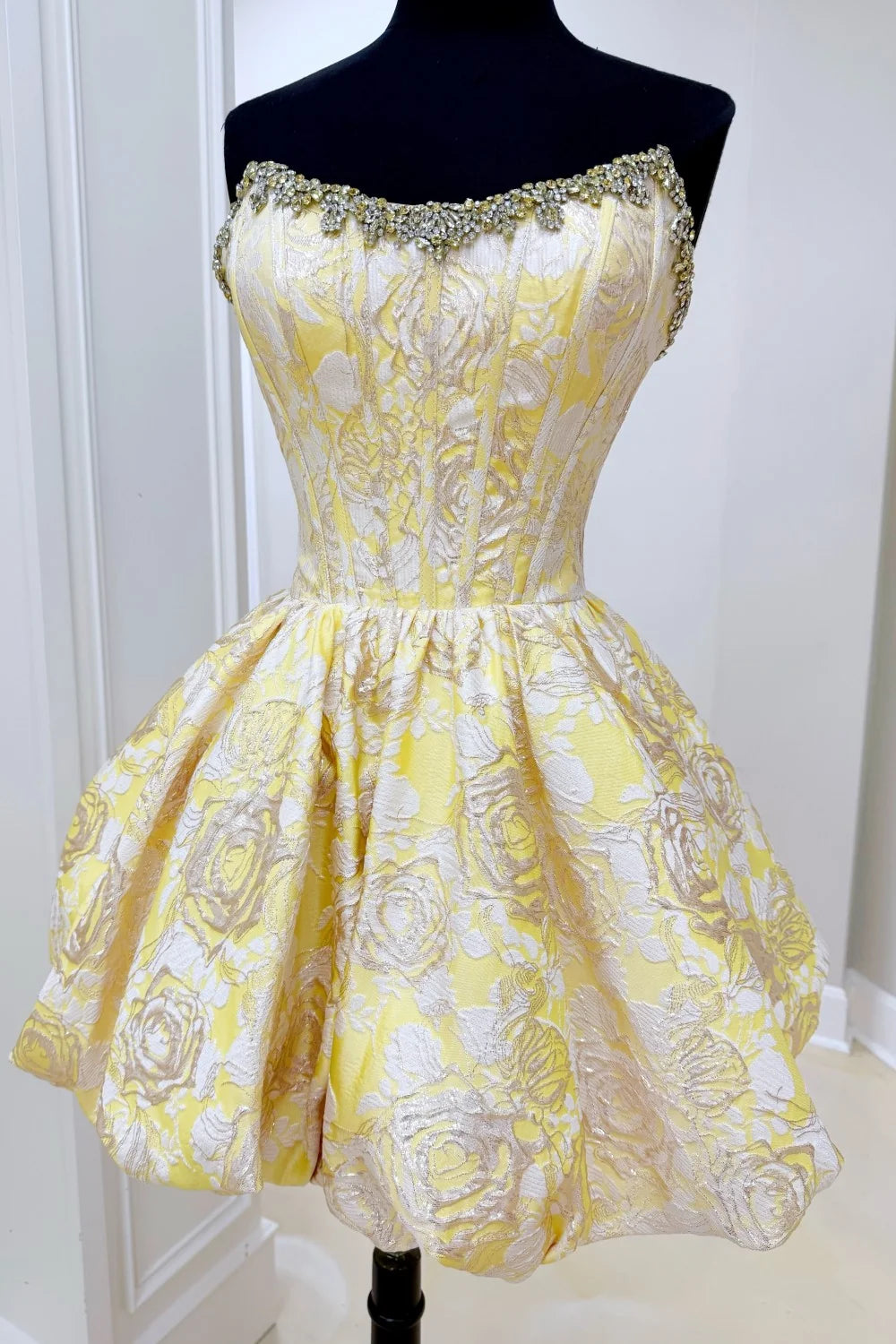Stunning Pink Floral Brocade Homecoming Dress with Puffy Bubble Hem DP7309