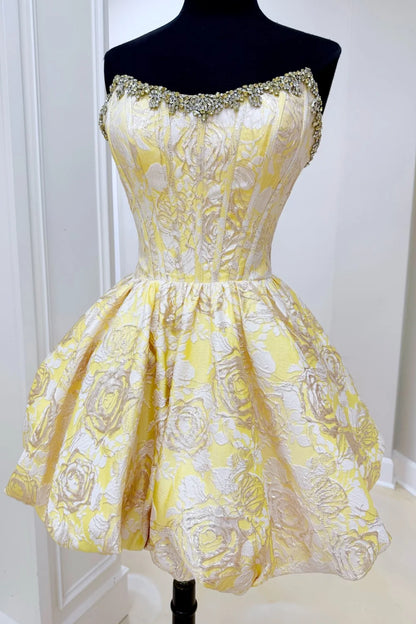 Stunning Pink Floral Brocade Homecoming Dress with Puffy Bubble Hem DP7309