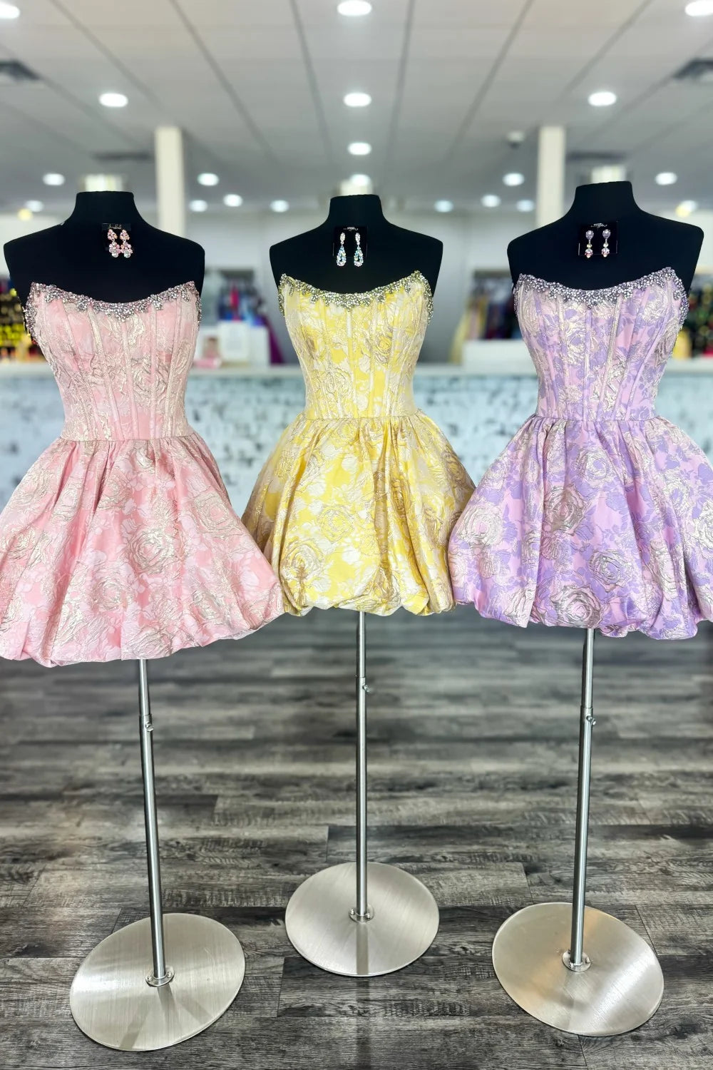 Stunning Pink Floral Brocade Homecoming Dress with Puffy Bubble Hem DP7309