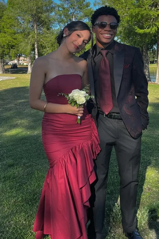 Mermaid Strapless Burgundy Long Prom Dress with Ruffles DP7250