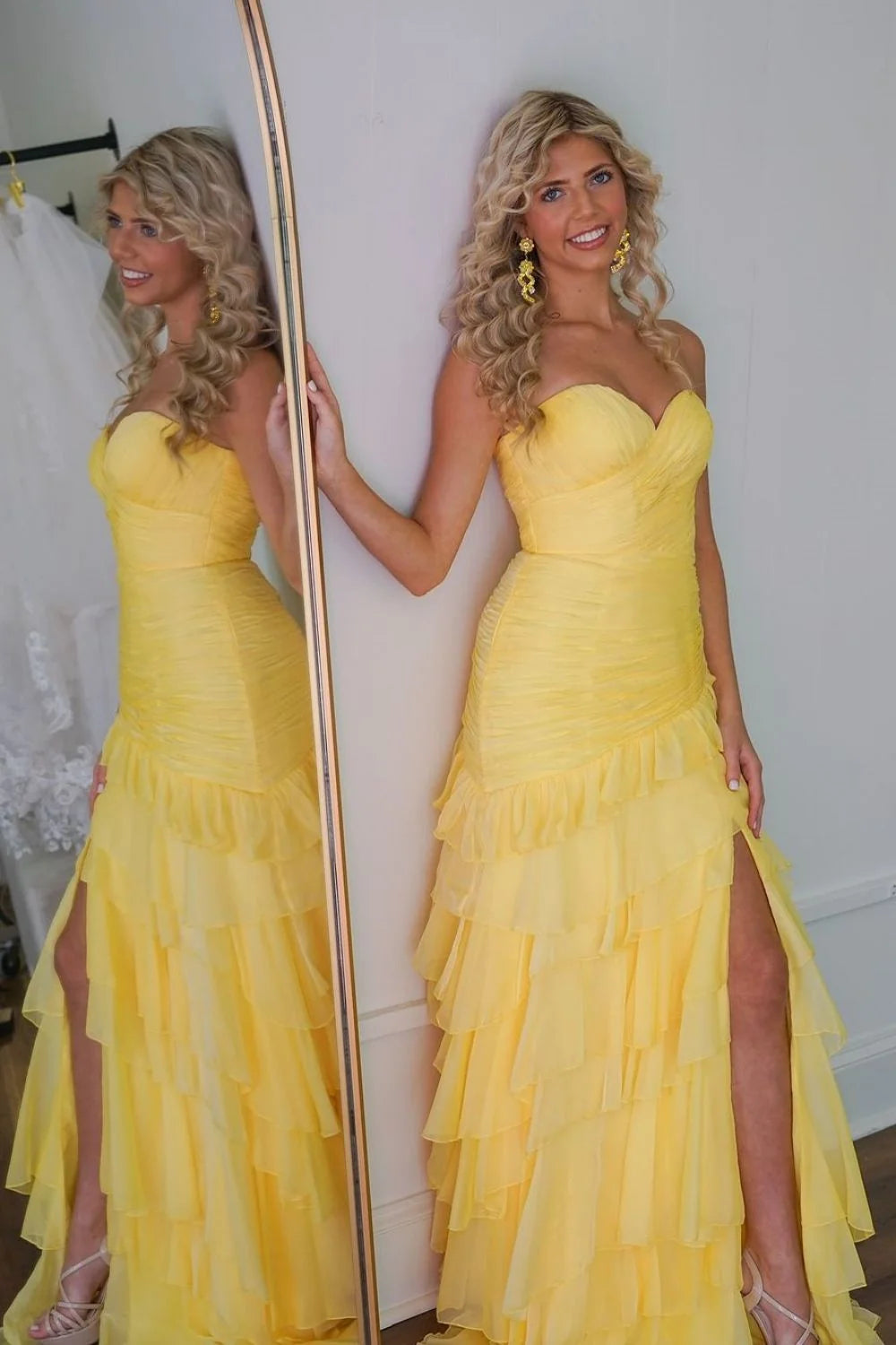 Stunning Yellow Mermaid Sweetheart Long Tiered Chiffon Prom Dress with Slit DP7712