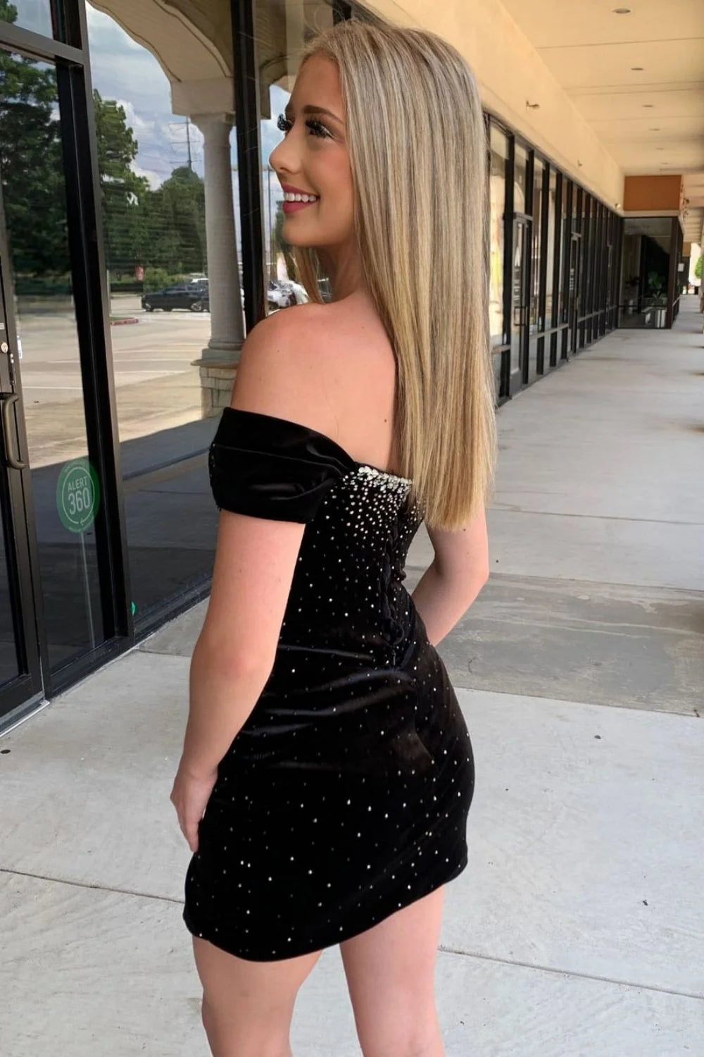 Stunning Black Off The Shoulder Short Velvet Homecoming Dress With Beading DP7397