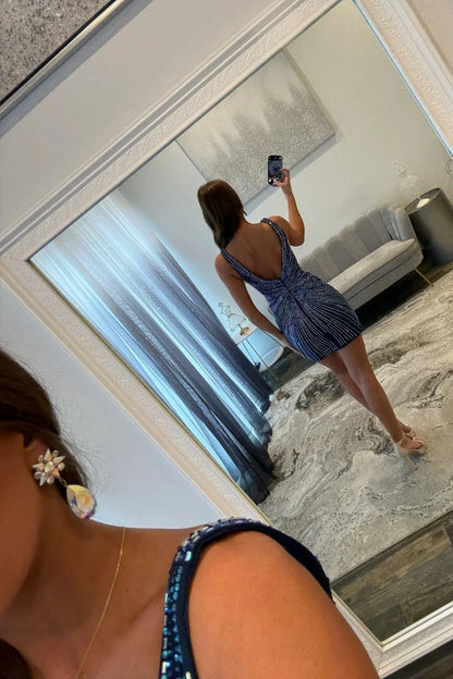 Sparkly Sheath Deep V Neck Navy Blue Short Homecoming Dress with Beading DP7380