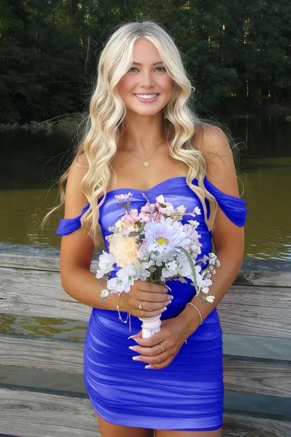 Stylish Sheath Off the Shoulder Royal Blue Short Homecoming Dress with Ruched DP7067