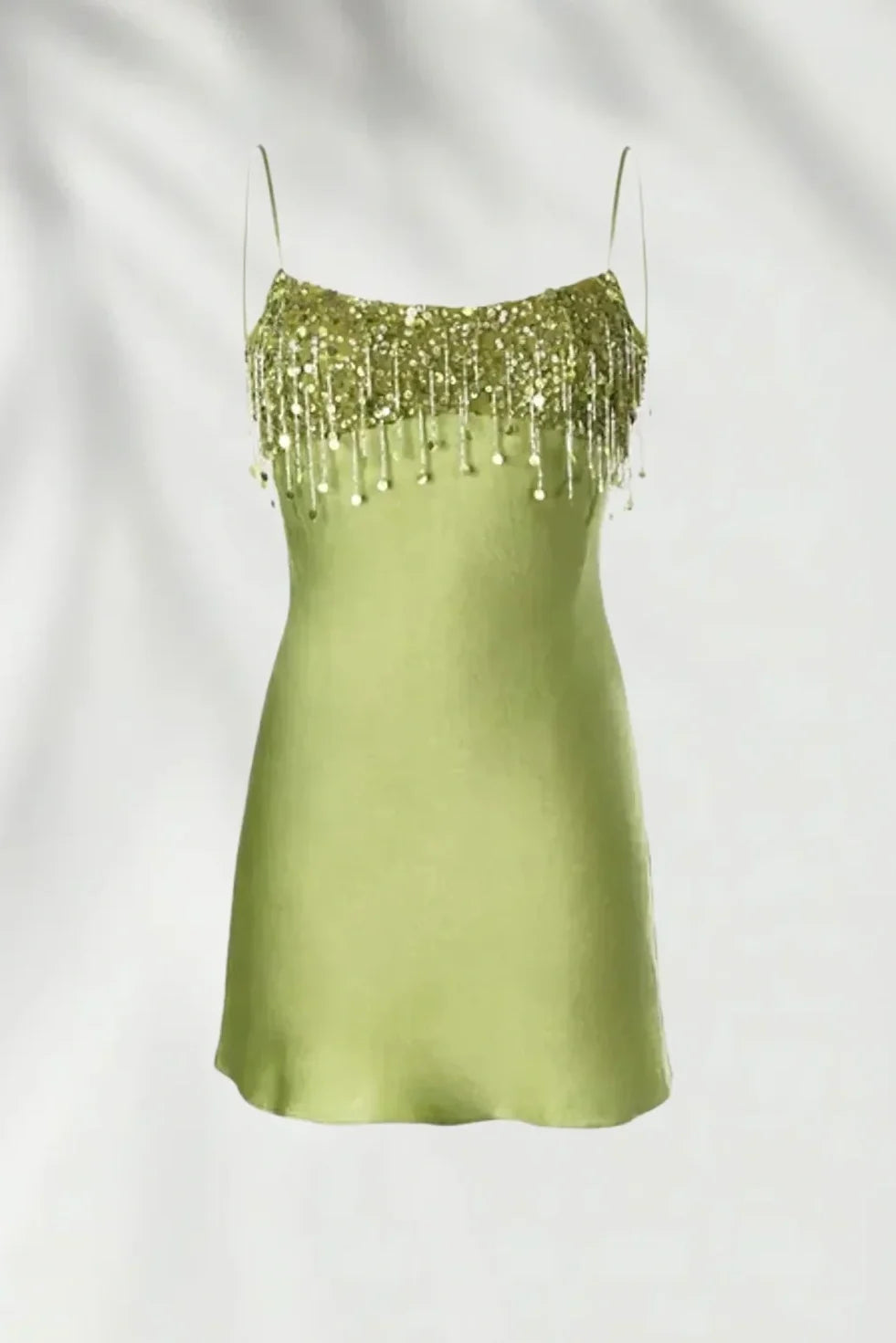Stylish A Line Spaghetti Straps Green Satin Short Homecoming Dress with Tassels DP7294