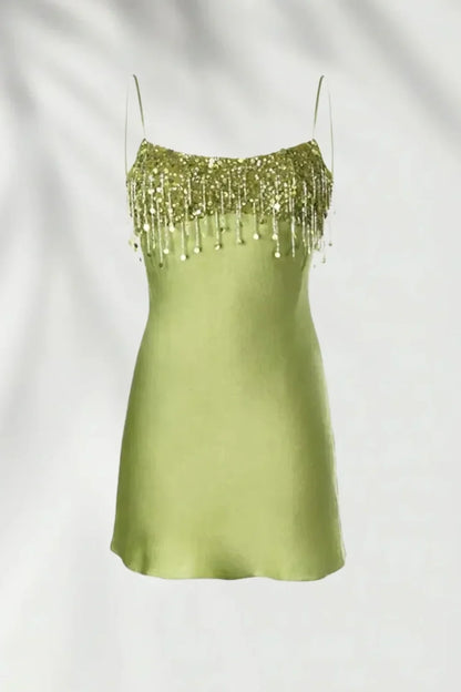 Stylish A Line Spaghetti Straps Green Satin Short Homecoming Dress with Tassels DP7294