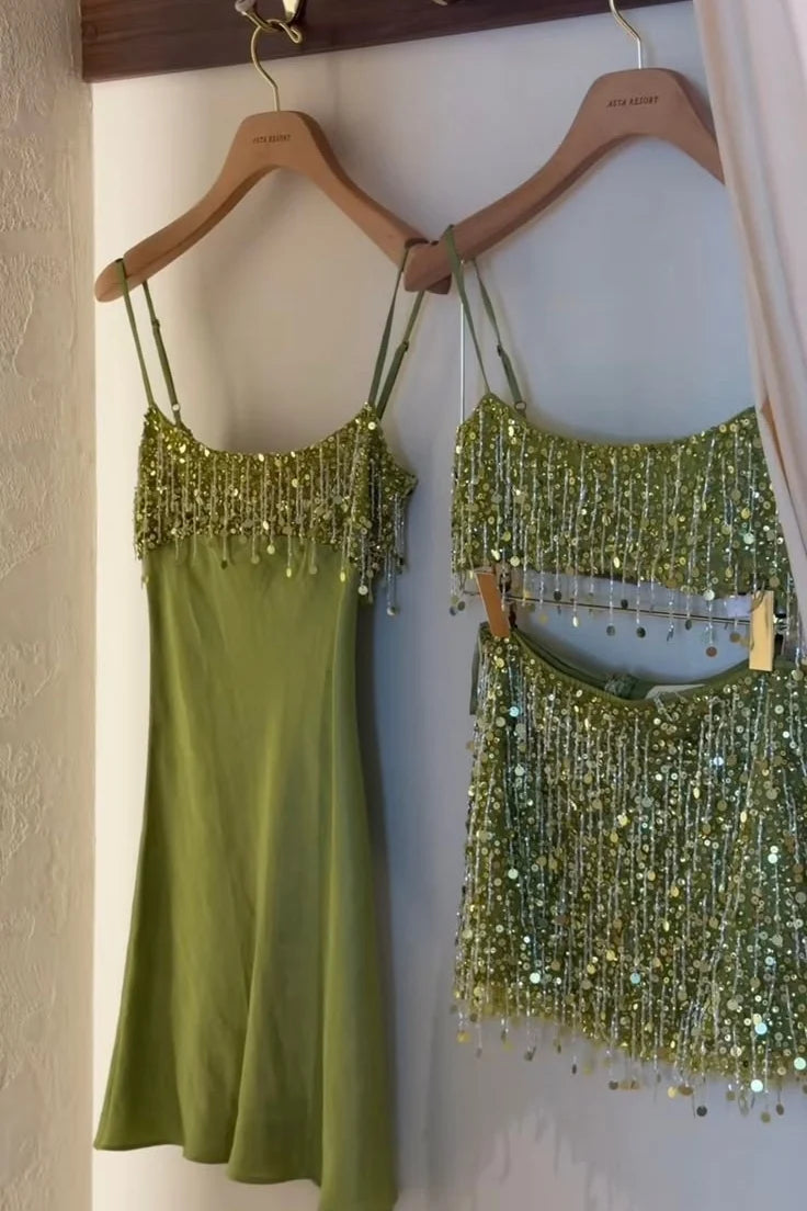 Stylish A Line Spaghetti Straps Green Satin Short Homecoming Dress with Tassels DP7294