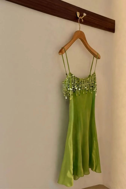 Stylish A Line Spaghetti Straps Green Satin Short Homecoming Dress with Tassels DP7294