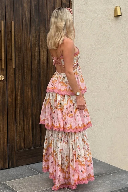 Stylish A Line Spaghetti Straps Pink Printed Long Prom Dress with Criss Cross Back DP7439