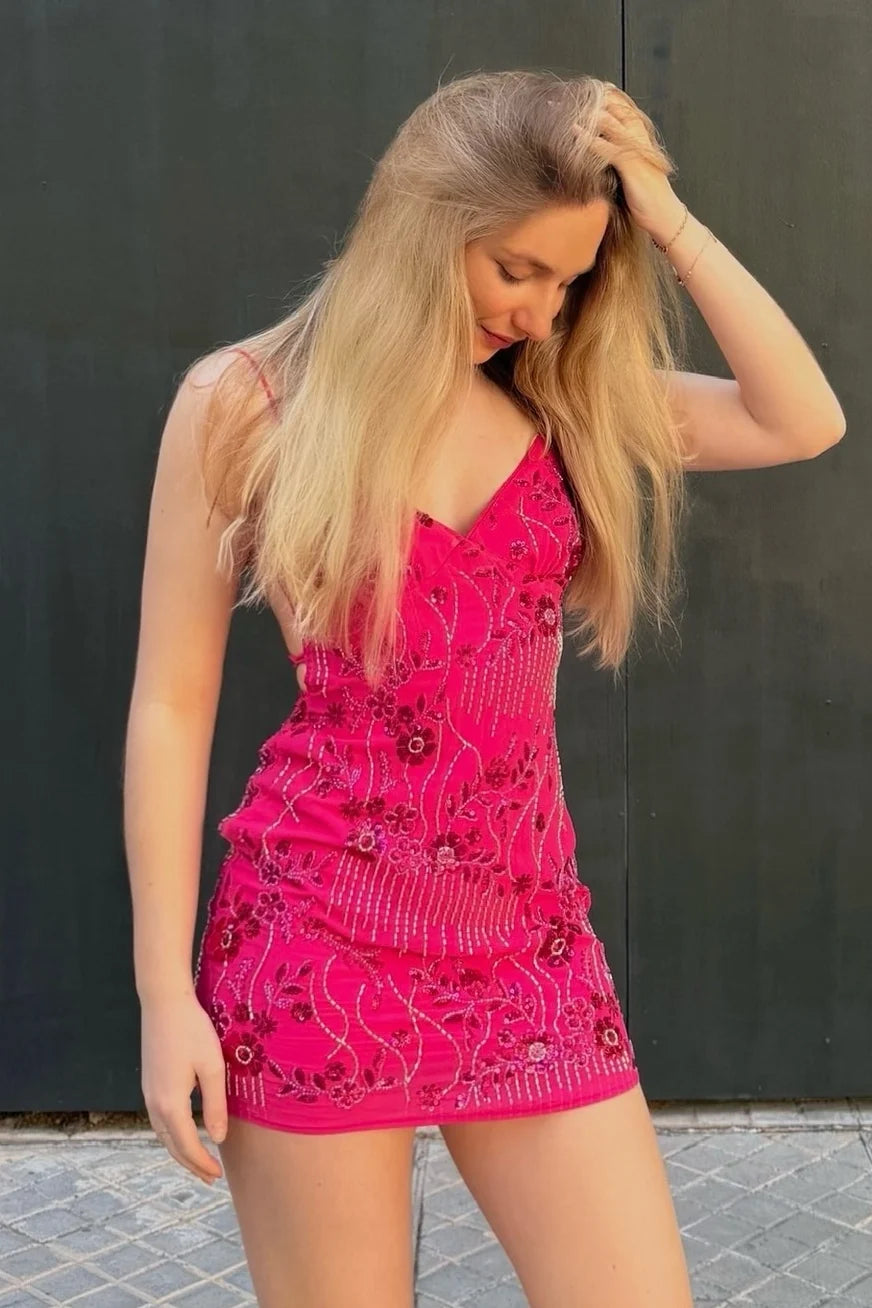 Stylish Sheath Spaghetti Straps Hot Pink Short Homecoming Dress with Beading DP7323