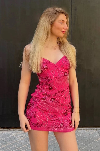 Stylish Sheath Spaghetti Straps Hot Pink Short Homecoming Dress with Beading DP7323