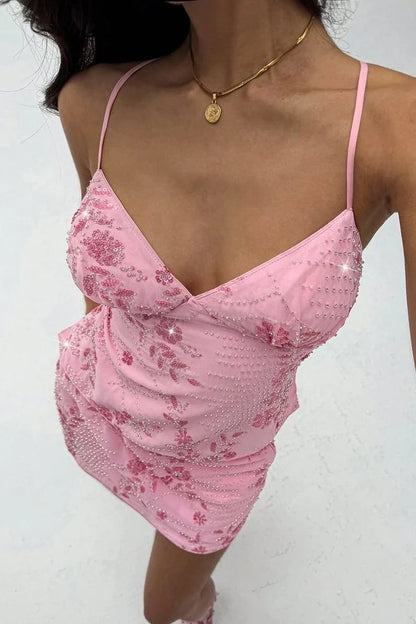 Stylish Sheath Spaghetti Straps Pink Short Homecoming Dress with Beading DP7322
