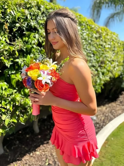 Stylish Sheath Strapless Candy Pink Short Homecoming Dress with Ruffles DP7347
