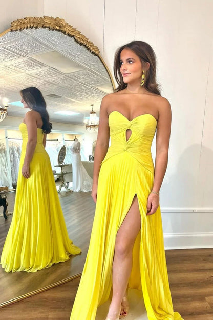 Yellow Stylish A Line Sweetheart Long Pleated Satin Prom Dress with Slit DP7725