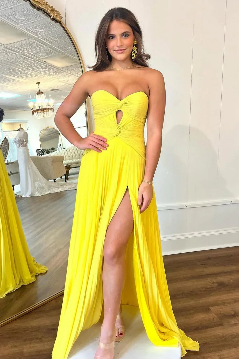 Yellow Stylish A Line Sweetheart Long Pleated Satin Prom Dress with Slit DP7725