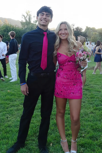 Stylish Sheath Spaghetti Straps Hot Pink Short Homecoming Dress with Beading DP7323
