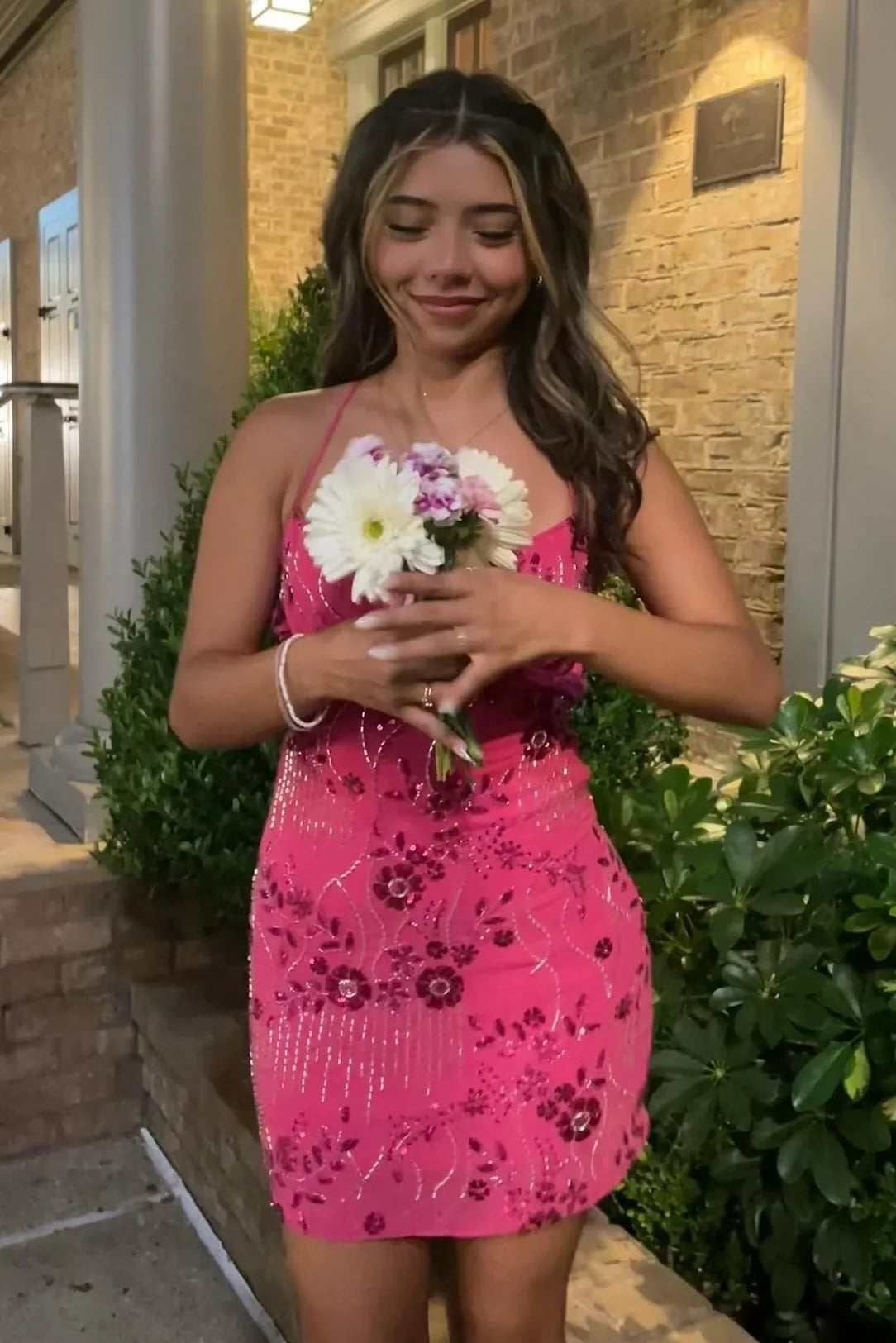 Stylish Sheath Spaghetti Straps Hot Pink Short Homecoming Dress with Beading DP7323