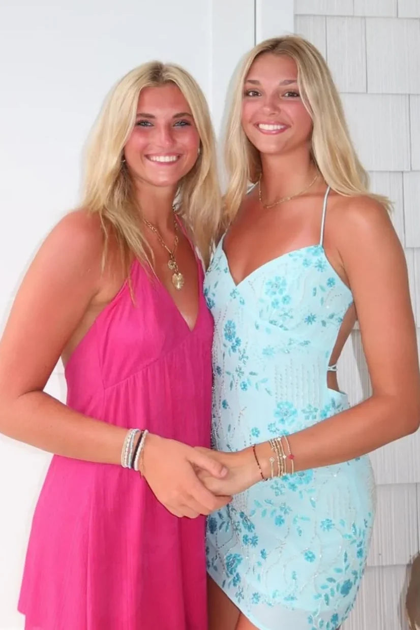 Stylish Sheath Spaghetti Straps Baby Blue Short Homecoming Dress with Beading DP7326